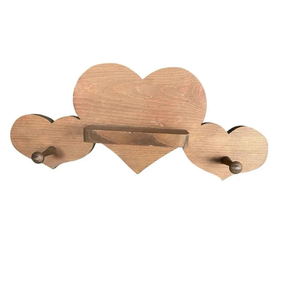 Vintage Wooden Heart Wall Shelf Key Holder Peg Rack Country Cottage Decor 16x7